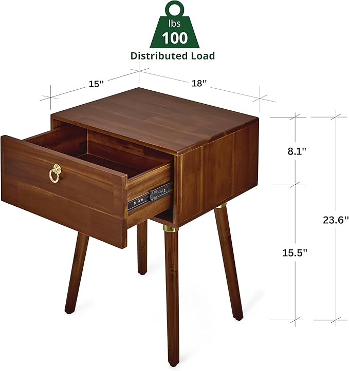 Bme Alden Solid Wood Nightstand/Side Table/End Table, Fully Assembled, with 1-Drawer for Mid Century Bedroom and Living Room, (12mm), Dark Chocolate