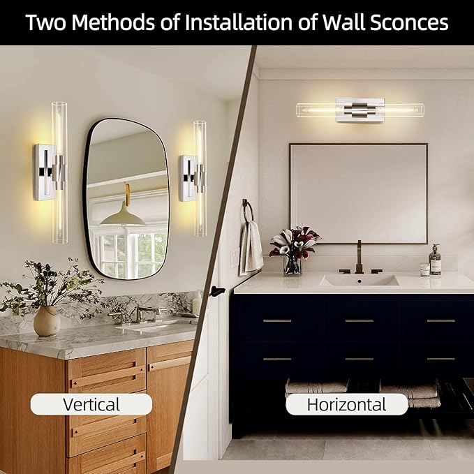 Bathroom Vanity Light Fixtures, Glass Tube Wall Sconces Set of 2, Nickel coloured base, Bathroom Wall Lights, Bedroom Bedside Wall Light, Wall Lamp For Dressing Table, Living Room, And Hallway