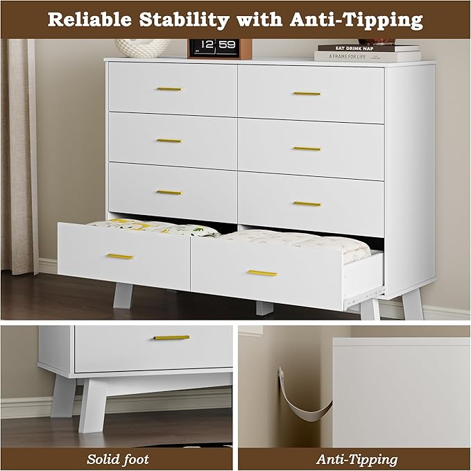 Dresser for Bedroom with 8-Drawer, 37" Tall Modern Chest of Drawers with Metal Handles, X-Shape Base & Adjustable Center Leg, Anti-Tip Closet Organizers and Storage