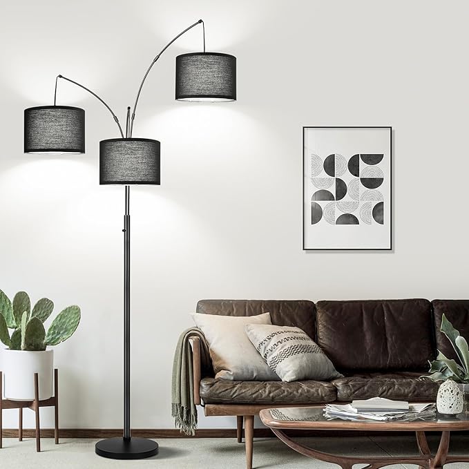 Dimmable Floor Lamp, 3 Lights Black Arc Floor Lamps for Living Room, Modern Tall Standing Tree Lamp with Black Shade & Heavy Base, Large Floor Lamp for Bedroom Office, 3x1000 LM LED Bulbs Included