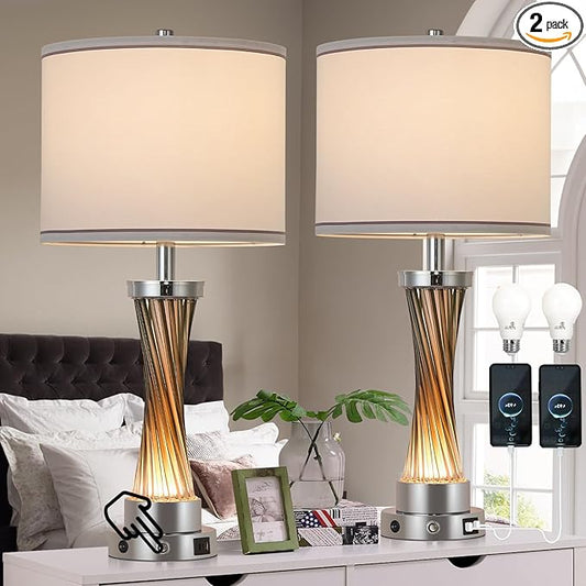 3-Way Dimmable Table Lamp Set of 2,Touch Control Lamp with Night Light,Modern Crystal Table Lamps for Bedroom,Living Room，Bedside Lamps with USB A+C Ports，Fabric Lampshade(Blubs Included)