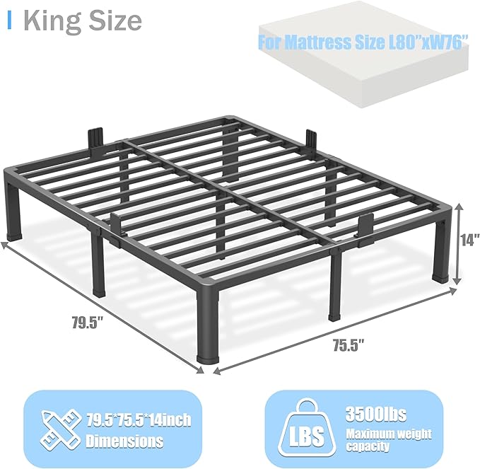 14 inch King Size Bed Frame with Round Corner Legs Mattress Slide Stopper,3500 lbs Heavy Duty Metal Platform,Steel Slat Support,No Box Spring Needed,Easy Assembly,Noise Free