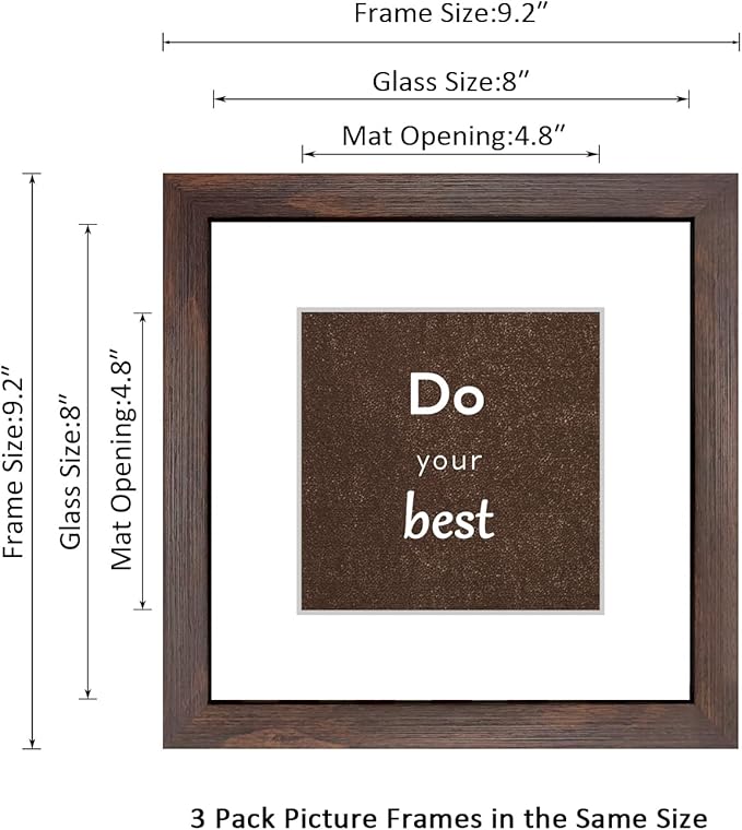 8x8 Picture Frame Set of 3 with Real Glass for Pictures 5x5 with Mat or 8x8 Without Mat, Wall Mounting or Tabletop display Photo Frames in Walnut