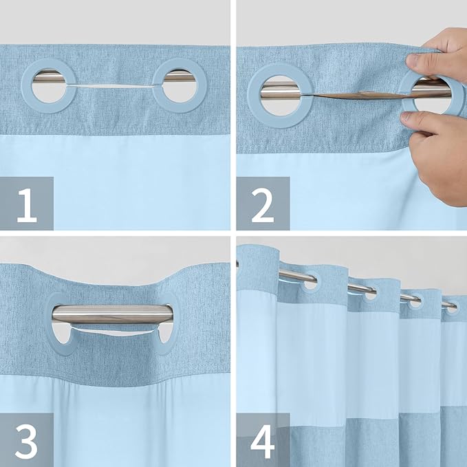 No Hooks Needed Linen Textured Shower Curtain with Snap-in Fabric Liner Set,Hotel Luxury Decor Waterproof Shower Curtains for Bathroom with Mesh Top Window,Washable,71Wx74H,Fog Blue