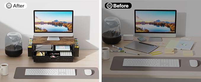 gianotter Wood Monitor Stand Riser, Office Desk Shelf Organizer, Desk Organizer with Drawer and Pen Holder, 2-Tier Computer Stand, Office Organization (Wood)