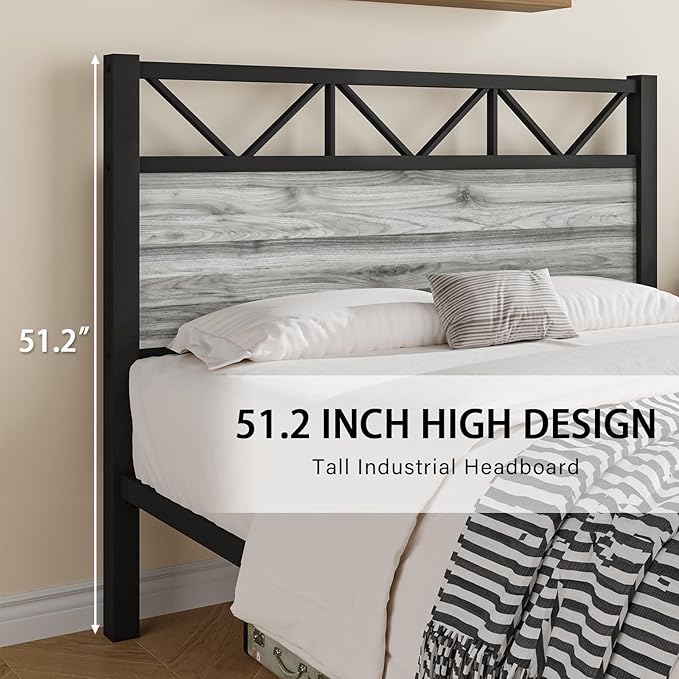 Twin Bed Frames with Tall Headboard, Industrial Twin Platform Bed Frame with Heavy Duty Metal Slats Support, No Box Spring Needed, Noise-Free, Easy Assembly, Wash Grey