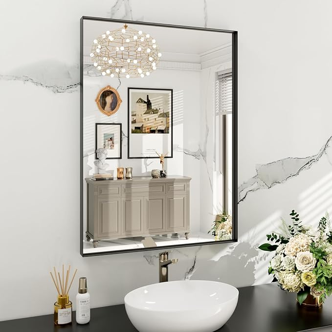 Black Bathroom Vanity Mirror 24x32 Inch, Rectangle Matte Black Mirror for Bathroom, Square Corner, Tempered Glass, Bedroom, Living Room, Entryway, Wall Mounted(Vertical/Horizontal)