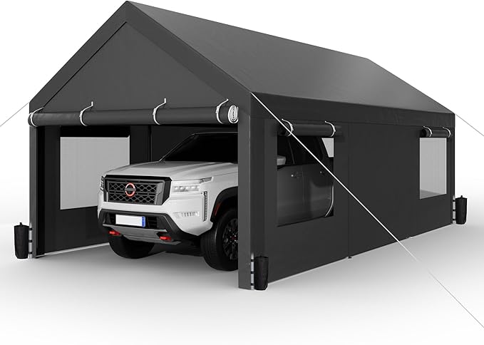 Shintenchi Carport 10' x 20' Heavy Duty Portable Garage, Carport Canopy with Side-Opening Door & Roll-Up Windows, Car Canopy for Truck,Car,Boat,Grey