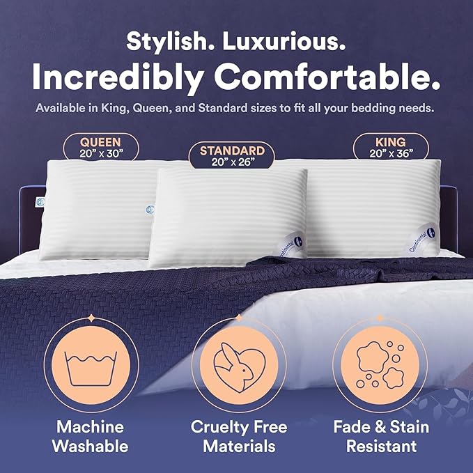 Continental Bedding | Serenity Goose Down Pillow | 700 Fill Power Hungarian White Down | 400TC Cotton Damask Shell | Made in USA | Soft, Queen with Protector