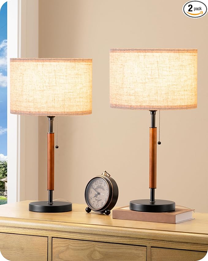 EDISHINE Mid Century Table Lamp Set of 2, Pull Chain Switch Bedside Lamp, Linen Shade, Solid Wood Pole & Black Metal Base, Modern Nightstand Lamp for Bedroom, Living Room, Office, E26 Base