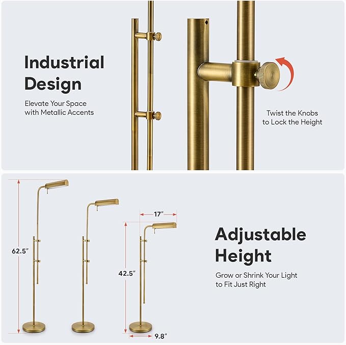VONLUCE LED Floor Lamp, 62.5" Industrial Floor Lamp for Living Room with Adjustable Height Swing Arm Head 3 Color Temperatures, Metal Standing Pole Lamp for Bedroom Reading, Antique Brass