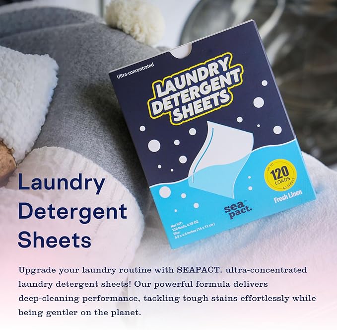 Laundry Detergent Sheets 120 Loads, Fresh Linen Scent, Plastic Free, Hypoallergenic, easy for Dorm Apartment house Travel, Sensitive Skin Friendly,Space Saving Eco Friendly, Quick Dissolve, 60 sheets