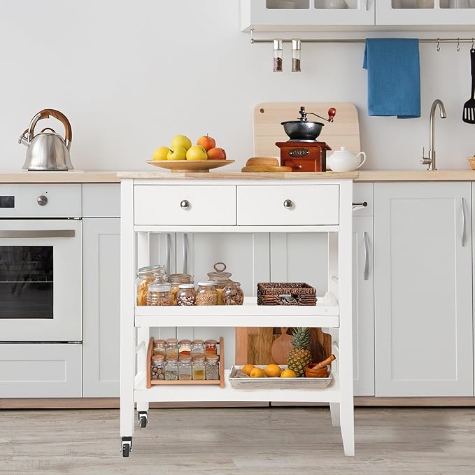 Rolling Kitchen Island Cart, White Kitchen Cart with Rubberwood Top, Ample Storage Drawers, Adjustable Shelves, Utility Cart with Wheels for Small Kitchens, 35” Height