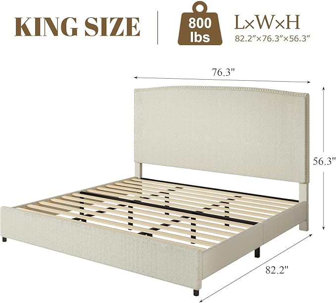King Bed Frame, King Size Upholstered Platform Bed Frame with 56" Headboard, Soft Boucle Fabric, Mid-Century Modern Design, No Box Spring Required, Easy Assembly, Beige