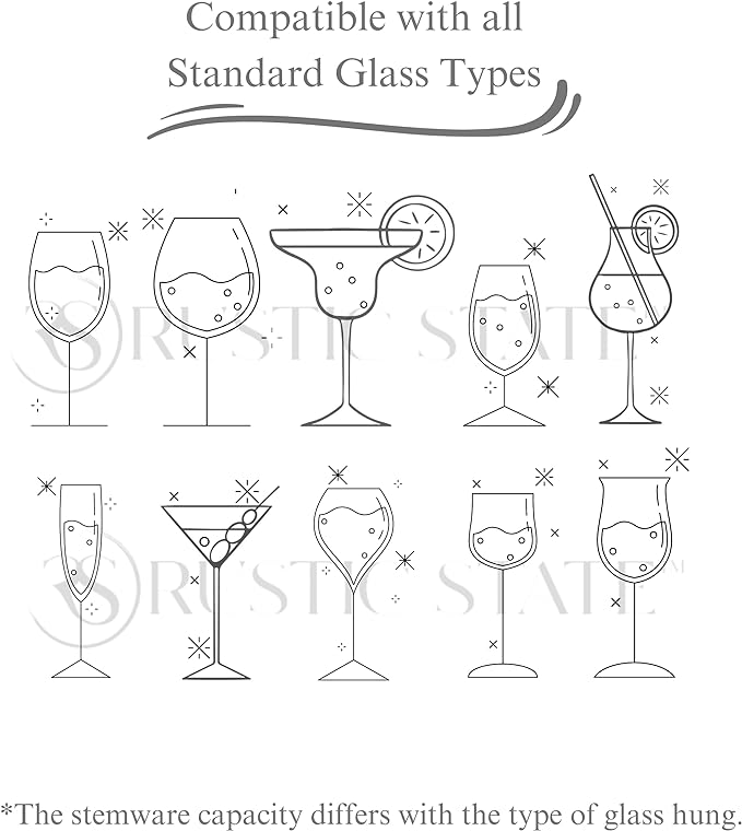 Rustic State Eze 4 Sectional Under Cabinet Mount Wood Stemware Rack Hanging Shelf Glassware Holder Bar Organizer with up to 12 Wine Glass Storage 12 Inch Deep - Black