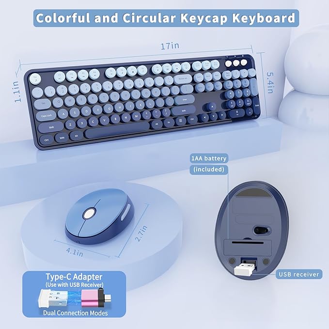 Wireless Keyboard and Mouse Combo, Ergonomic Full Size Typewriter Retro Round Keycaps Keyboard, Compatible with Windows, PC, Perfer for Home and Office Keyboards (Twilight Blue