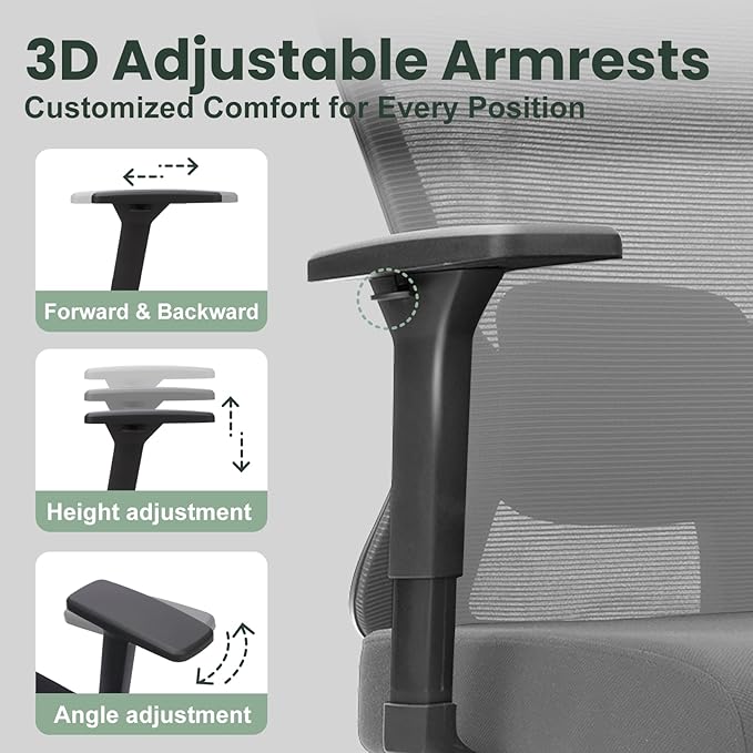 Ergonomic Office Chair - 350LB Mesh Office Chair with Adjustable Lumbar, High Back Computer Desk Chair with 3D Armrest, Comfy Chair with 2D Headrest & Tilt Function for Study, Work, Gaming