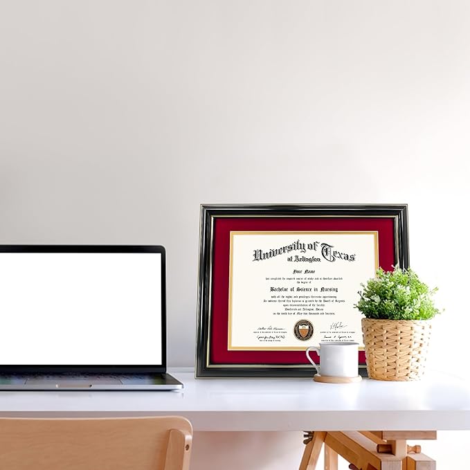 GraduationMall 8.5x11 Diploma Frame with Red over Gold Mat or Display 11x14 Certificate without Mat,Solid Wood & UV Protection Acrylic,Glossy Black Finish with Gold Trim,2 Pack