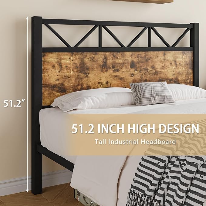 Twin Bed Frames, Twin Beds with 51.2" Tall Headboard, Industrial Bed Frame Twin with Heavy Duty Metal Slats Support, No Box Spring Needed, Noise-Free, Easy Assembly, Rustic Brown