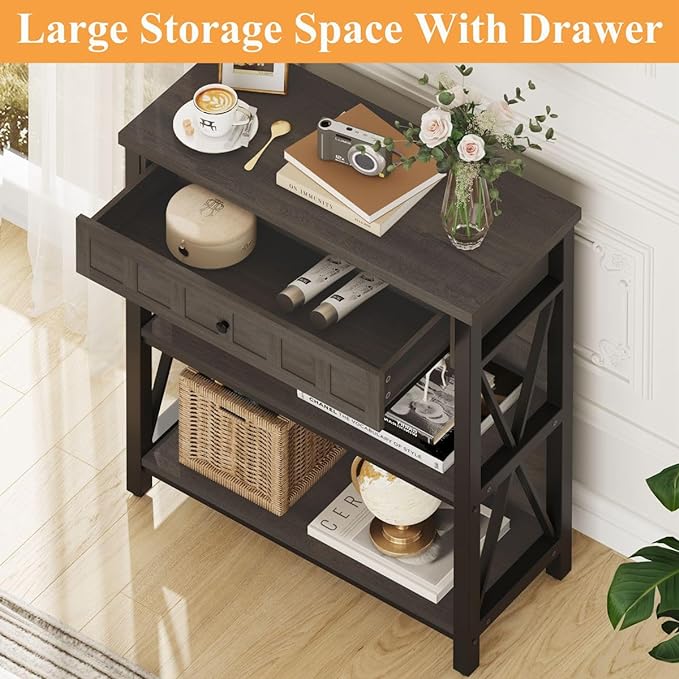 FATORRI Rustic Small Bookshelf, Industrial Wood Book Shelf with Drawer, 3 Shelf Bookcase for Small Space, Low Book case for Living Room, Home Office (Walnut Brown)