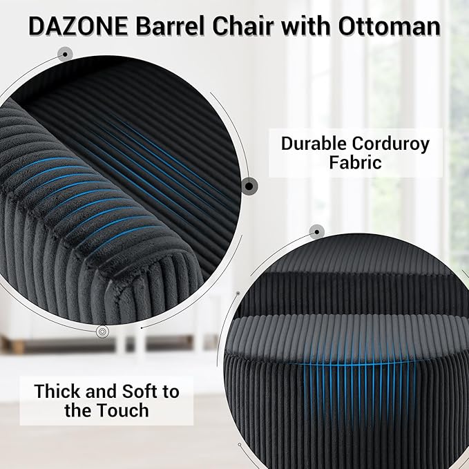 DAZONE Accent Chair, Barrel Chair with Ottoman Comfy Armchair Corduroy Living Room Chairs Mid Century Modern Chair Upholstered Club Tub Sofa Chair for Bedroom Reading Room Charcoal