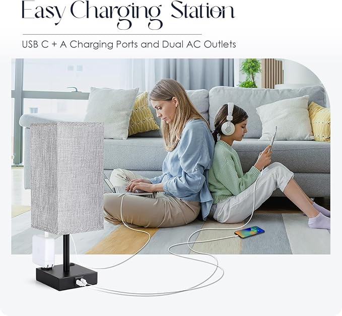 Bedside Table Lamp for Bedroom - Touch Small Lamp with USB C+A Charging Ports & AC Outlets, 3 Way Dimmable Nightstand Light for Living Room (LED Bulb Included, Grey)