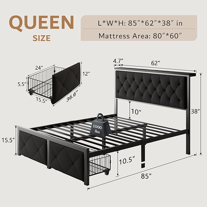 iPormis Queen Bed Frame with 2 Storage Drawers, Linen Upholstered Headboard Platform Bed with Charging Station, No Box Spring Needed, Metal Slats Support, Noise-Free, Easy Assembly, Black