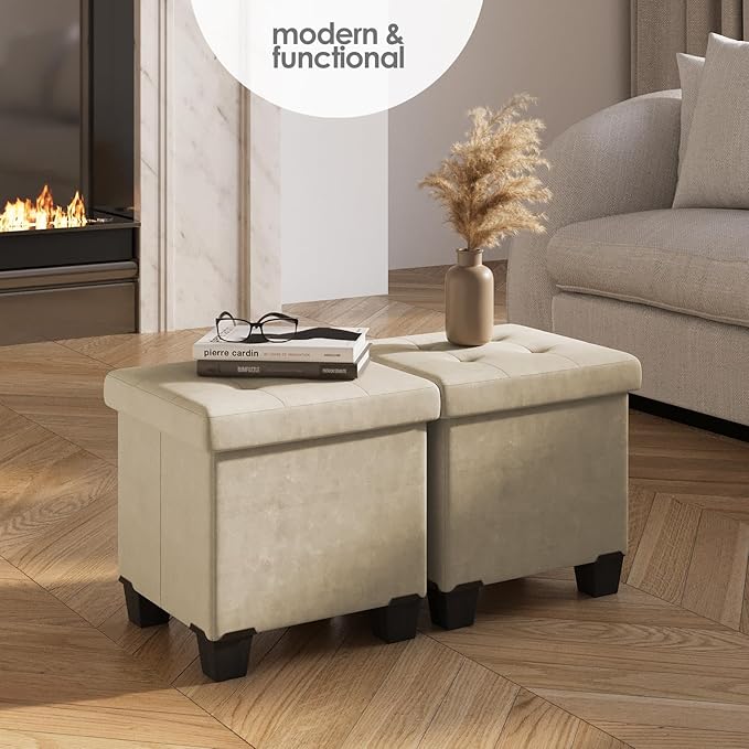 STORAGEBUD Storage Ottoman Cube with Small Bin, 15-in Square Ottoman with Storage for Living Room and Bedroom, Small Ottomans Foot Rest, Velvet Foot Stools Ottomans Max 330lbs, Beige