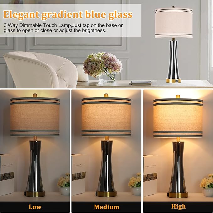 27.4''Table Lamps for Living Room Set of 2，3-Way Dimmable Modern Glass Bedside Lamps with USB Ports，Tall Lamps for Night Stands，Touch End Table Lamps for Bedroom Desk Lamps for Home Office（Grey）