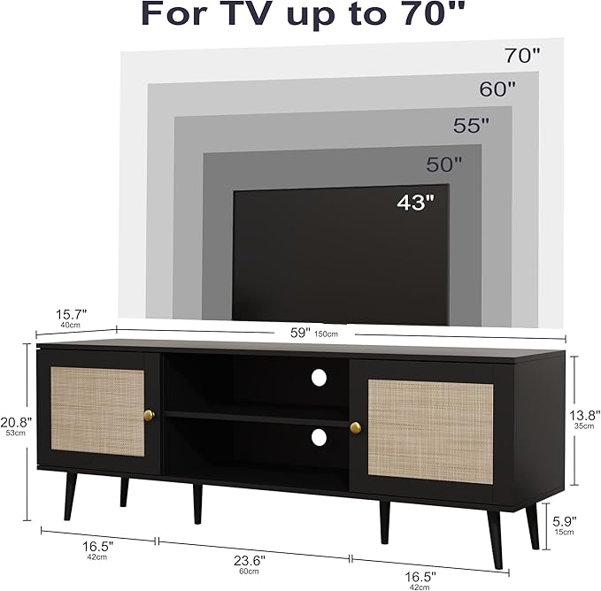 Rattan TV Stand for 55/65/70 inch TV, Boho 59" Entertainment Center with Storage, Modern Mid Century Media Console with Rattan Doors and Adjustable Shelf, Wood TV Stand for Living Room, Black