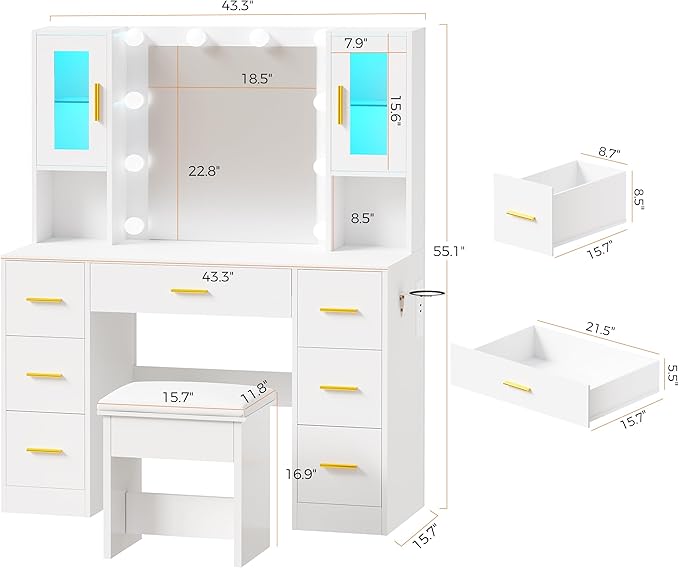 BEWISHOME Vanity Desk with Mirror and Lights,White Makeup Vanity Table with Power Outlet and Stool,Large Makeup Desk with 7 Drawers,Dressing Table for Bedroom Dressing Room FST38W