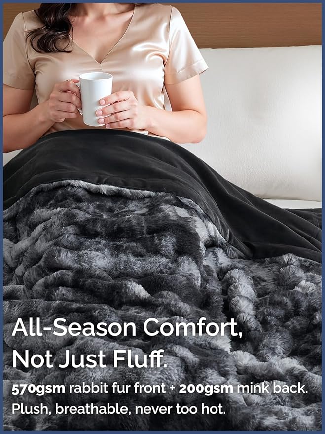 Fluffy Throw Blanket Queen Size - Faux Fur Throw for Couch or Bed - Plush Soft Extra Thick Faux Fur Rabbit Blanket - Comfy, Warm & Breathable - Luxury Minky Tie Dye Bedding - 90" x 90", Marble Black