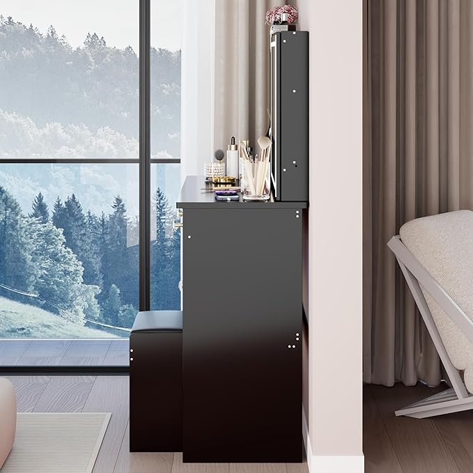 37" Vanity Desk with Mirror, Makeup Table with Sliding Mirror, Dressing Table with Multi Layer High Capacity Storage, Vanity Set with 6 Drawers and Stool for Bedroom, Black