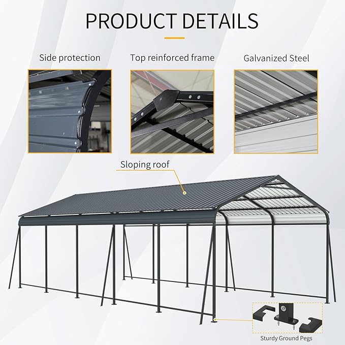 13×26.5 FT Metal Carport, Heavy Duty Carport Canopy with Galvanized Steel Roof and Frame, and 6 Fixed Inclined Square Tube Supports for Driveway Car, Truck