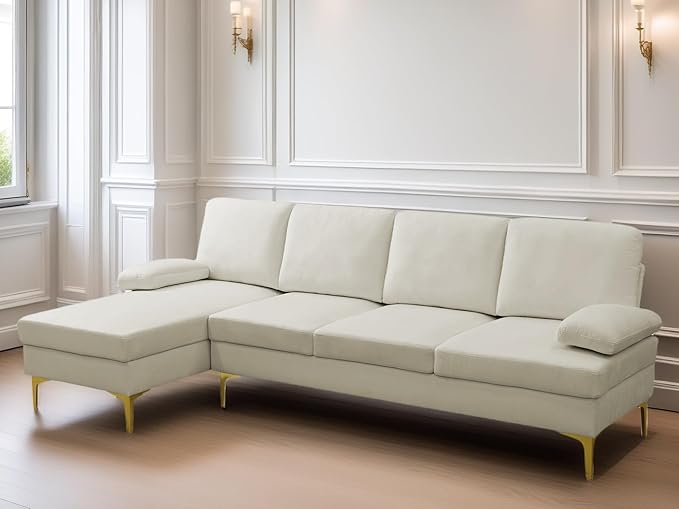 L Shaped Sectional Couch, Modern Modular Sectional Sofa with Chaise, 4 Seat Lounge Comfy L Shaped Couch Set with High Density Memory Foam for Living Room Apartment, White