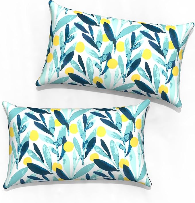 Outdoor Lumbar Pillow Covers 12”x20”, Rectangle Throw Pillow Covers for Patio Furniture, Decorative Lumbar Cushion Case for Garden Balcony Couch Office Chair, Pack of 2, Leaves Multi