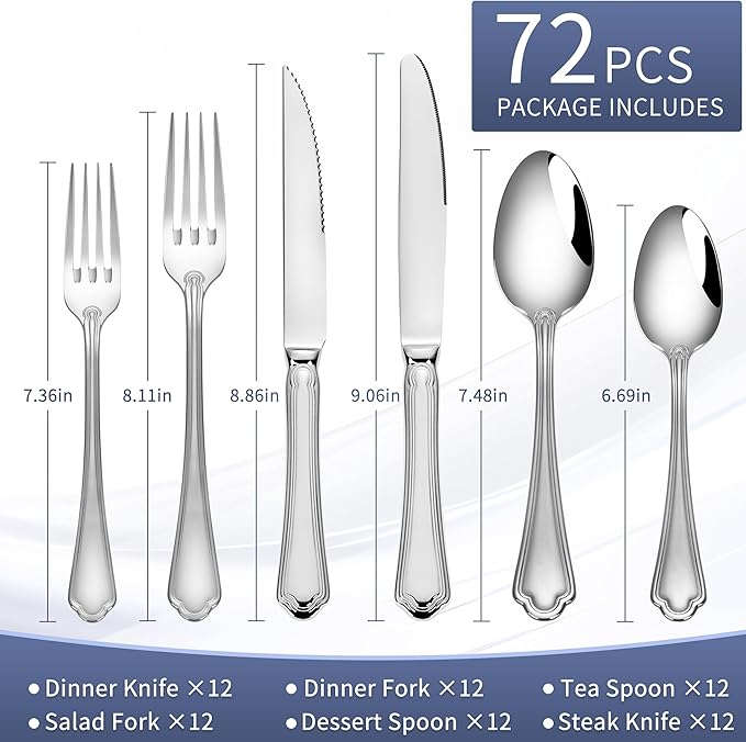 18/10 Stainless Steel 72 Piece Silverware Set with Steak Knives, Heavy Stainless Steel Flatware, High End Silverware Set, Ideal for Gift