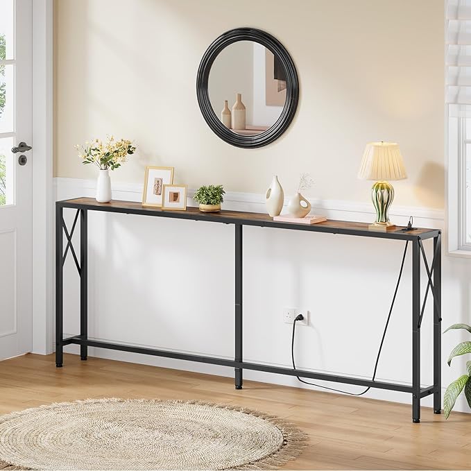 70 in Skinny Sofa Table Behind Couch, Console Table with Oulets & USB Ports for Hallway, Entryway,Living Room, Bedroom, Rustic Brown