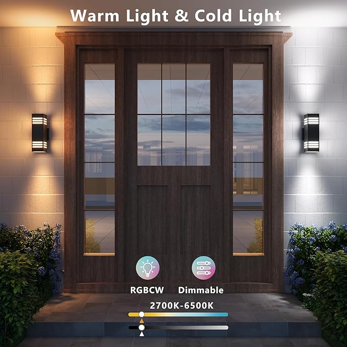 Smart Outdoor Sconce Lights 2 Pack, Up Down Wall Porch Lights RGB Color Changing WiFi APP Control, Dimmable LED Exterior Wall Lighting Fixtures Work with Alexa,No Hub Required,ETL Listed