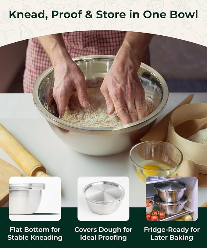 Enther Stainless Steel Colander Set with Lid - Set of 3 Rice Strainer Bowls, 2.6, 3.2, 4QT - Durable Mesh Filter, Nestable Design for Washing Vegetables, Fruit and Rice and for Draining Cooked Pasta