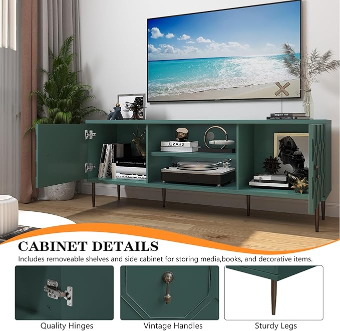 Modern TV Stand for 65/70inch TV, Entertainment Center with Storage Cabinet and Open Shelves, Embossed Pattern TV Stand, TV and Media Console for Living Room, Bedroom, Green