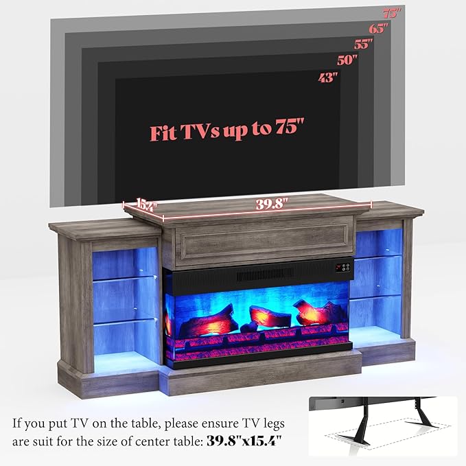 AMERLIFE 70" Electric Fireplace with Mantel, Farmhouse 3-Sided Fireplace TV Stand for TVs up to 75 Inch, Entertainment Center with Adjustable Shelves & LED Light, Rustic Grey