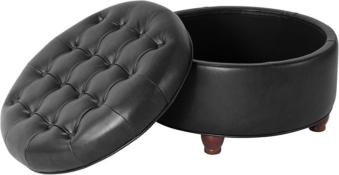 HomePop Home Decor | Button Tufted Faux Leather Round Storage Ottoman | Ottoman with Storage for Living Room & Bedroom (Black Faux Leather)