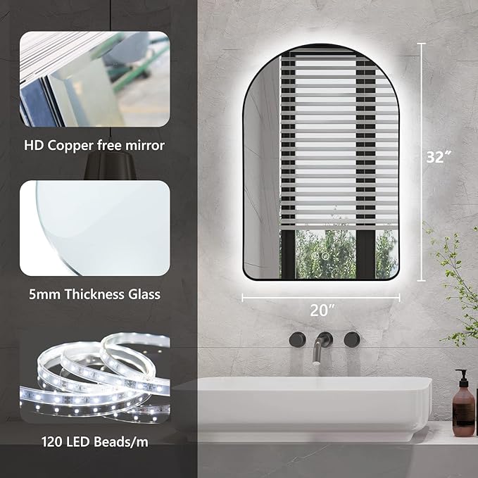 Niccy Arched LED Lighted Bathroom Mirror, 32x20 Inch Backlit Vanity Bathroom Mirror with Lights Brushed Black Framed Wall Mounted Mirrors with 3 Color Shatterproof Arch Smart Fog Free Mirror
