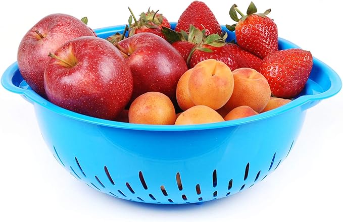 Mintra Home Mixing Bowl w/Colander (Large 4.5L, Blue) - For Washing & Draining Fruits And Vegetables - Heavy Duty Plastic for Baking, Cooking Supplies - Dishwasher Safe