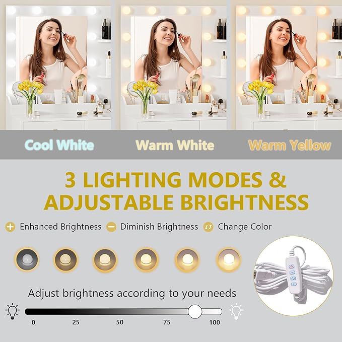 Vanity Desk with Mirror and Lights, Makeup Vanity Table Set with 5 Storage Drawers, Power Outlet & Chair, Small Dressing Table with RGB Ambient Light, Adjustable Brightness for Girls Bedroom, White