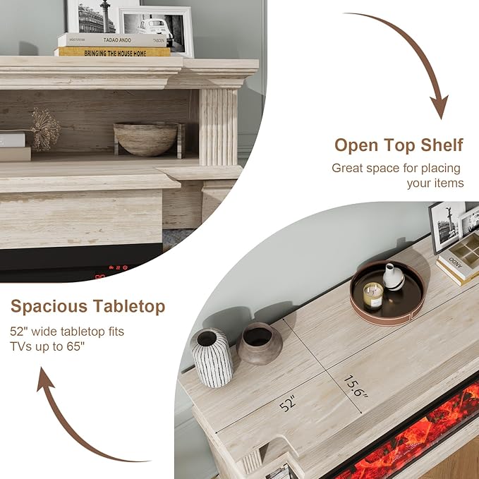 QUW Fireplace TV Stand for TVs up to 65", Farmhouse 52"Fireplace Entertainment Center with 36" 3-Side Glass Electric Fireplace, TV Console with Open Storage Shelves for Living Room, Antique Brush Grey