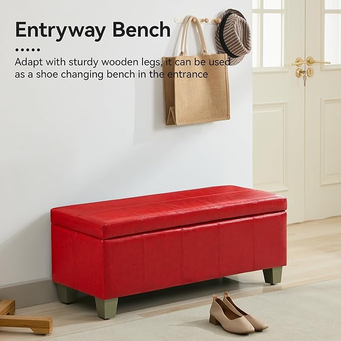 41" Faux Leather Storage Ottoman, Stitch Tufted Rectangle Upholstered End of Bed Storage Bench, Entryway Large Couch Ottoman with Wooden Legs,Red