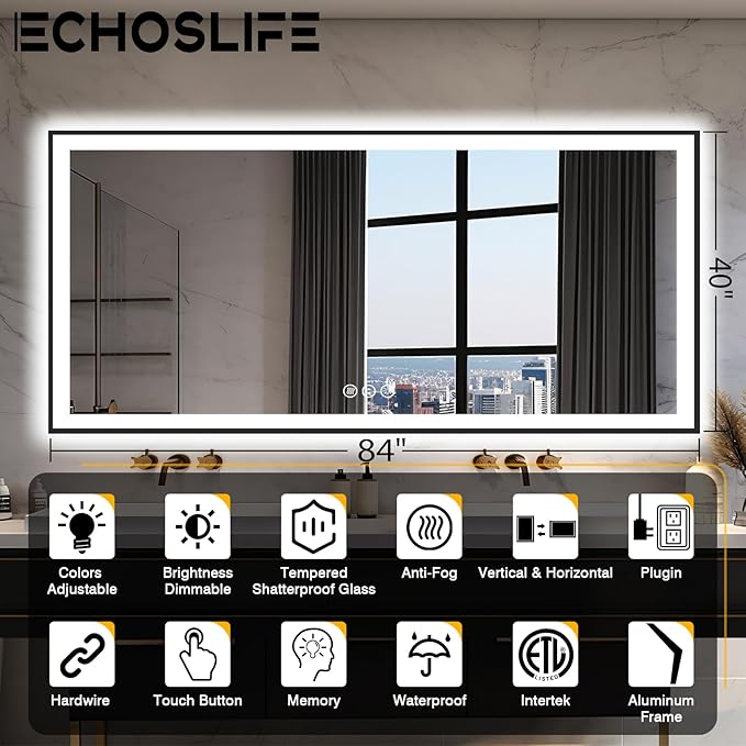 Large 84x40 Light Up Bathroom Mirror -Black Aluminum Edge (Front and Backlit), Anti-Fog Vanity Mirror with Lights,Stepless Dimmable Lighted Mirror,3 Colors Smart Mirror(Horizontal/Vertical)