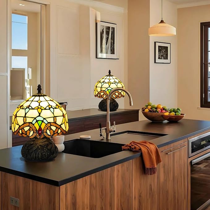 Small Tiffany Stained Glass Lamp, 3 Color Temperatures Bedside Lamp, 8 Inch Mushroom Desk Light for Bedroom Living Room Office Home Decor (Beige Baroque)